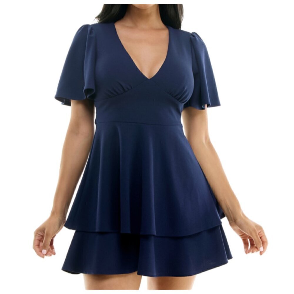 B Darlin Juniors' Sz 3/4 Womens V-Neck Flutter Sleeve Ruffle Dress in Navy